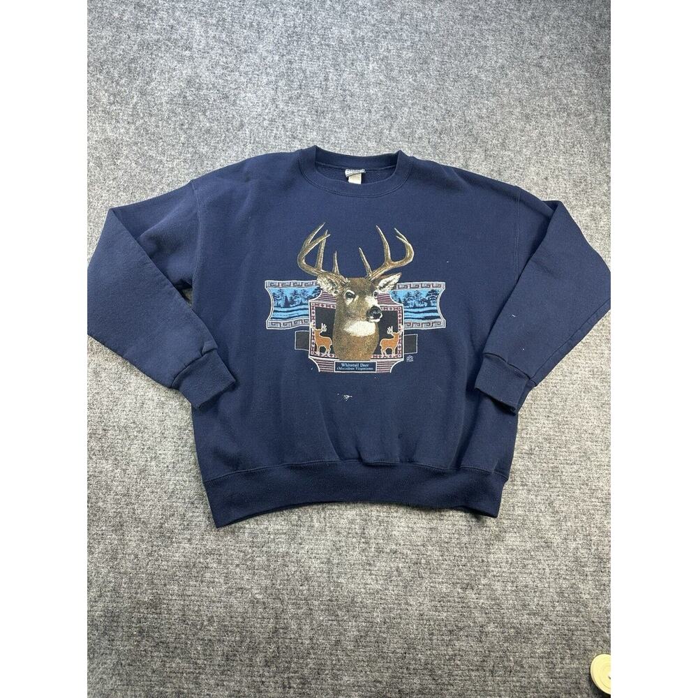 Vintage 90s Sweatshirt Mens Extra Extra Large Blue Whitetail Deer Distressed